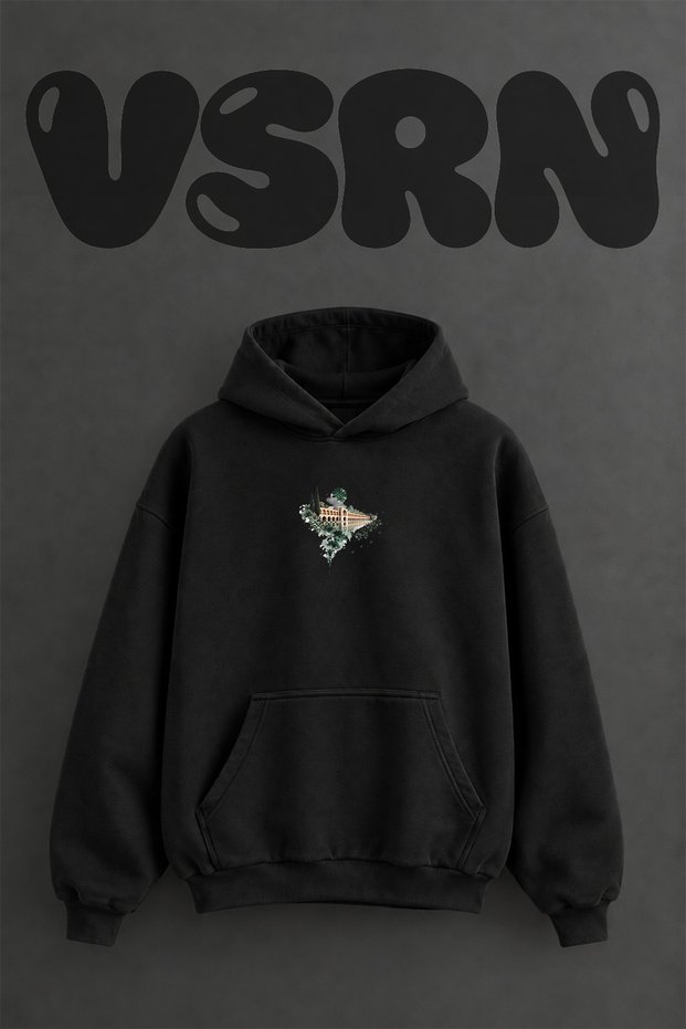 Isfahan Bridge Design Pre-Printed Oversize Black Hooded Sweatshirt