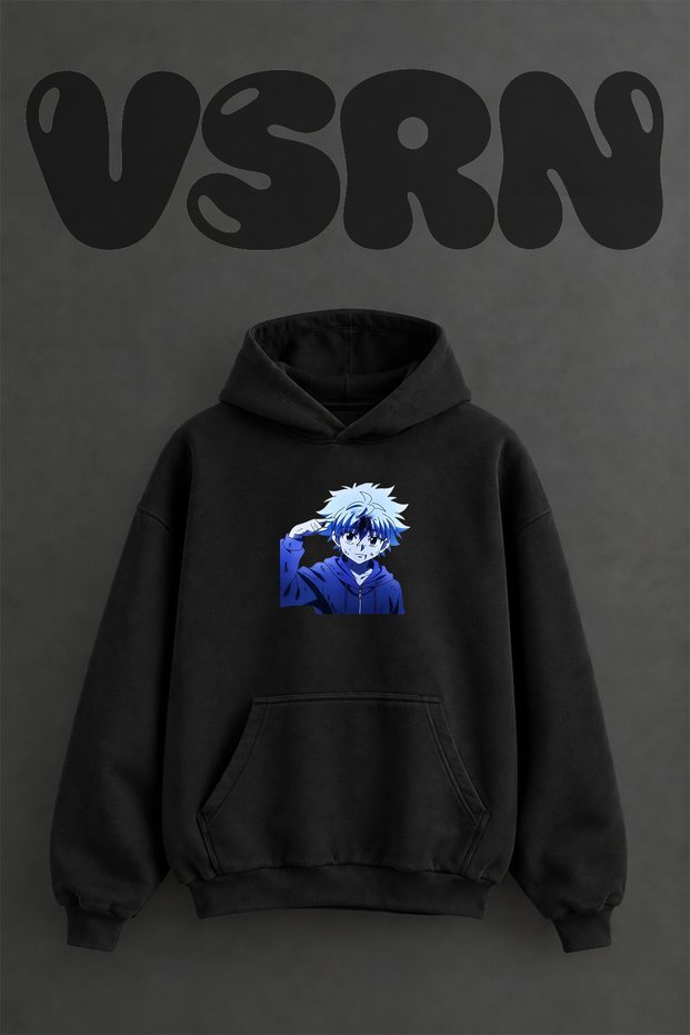 Killua Zoldyck Design Pre-Printed Oversize Black Hooded Sweatshirt