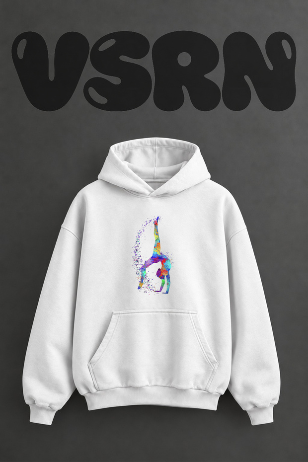 Colorful Gymnast Design Pre-Printed Oversize White Hooded Sweatshirt