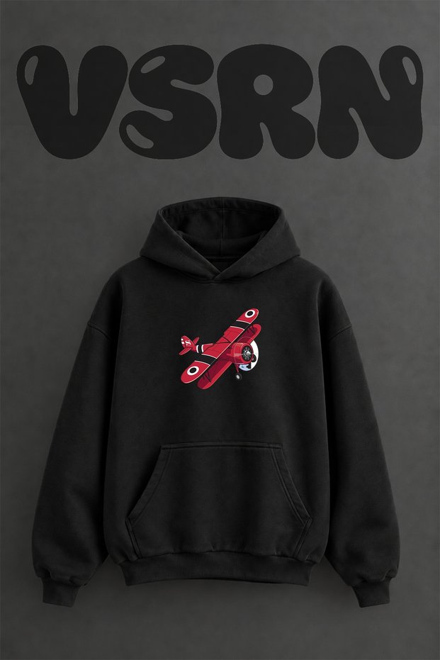 Red Biplane Design Pre-Printed Oversize Black Hooded Sweatshirt