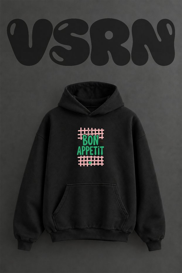 Bon Appetit Design Pre-Printed Oversize Black Hooded Sweatshirt
