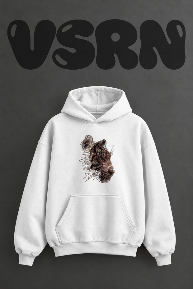Typographic Tiger Design Pre-Printed Oversize White Hooded Sweatshirt