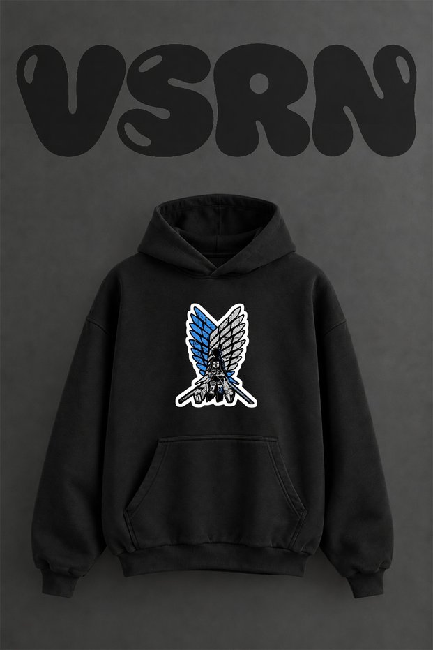 Attack on Titan Wings Design Pre-Printed Oversize Black Hooded Sweatshirt