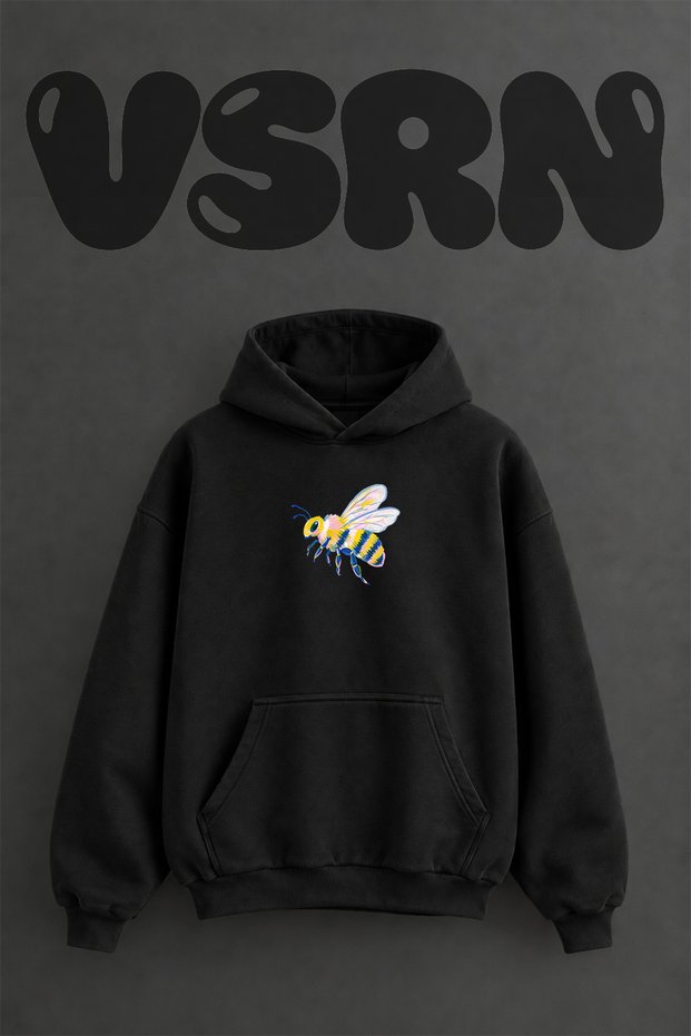 Colorful Bee Design Pre-Printed Oversize Black Hooded Sweatshirt