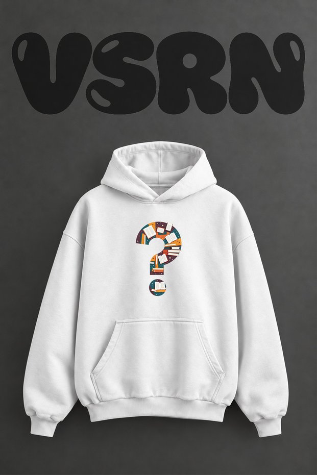 Book Question Design Pre-Printed Oversize White Hooded Sweatshirt