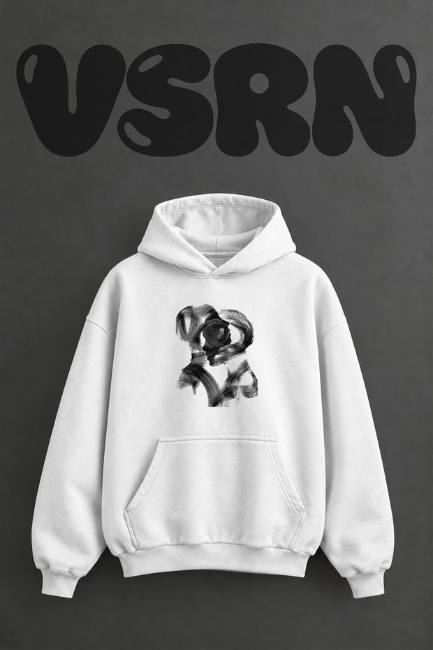 Abstract Profiles Design Pre-Printed Oversize White Hooded Sweatshirt