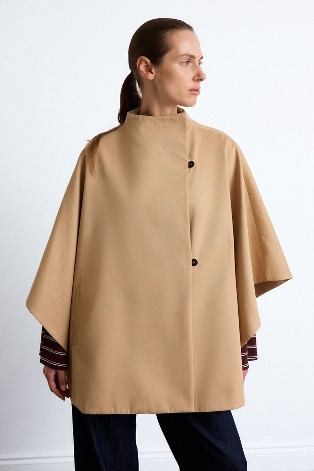 Oversize High Collar Cape Form Woven Trench Coat I1798Ax26Au