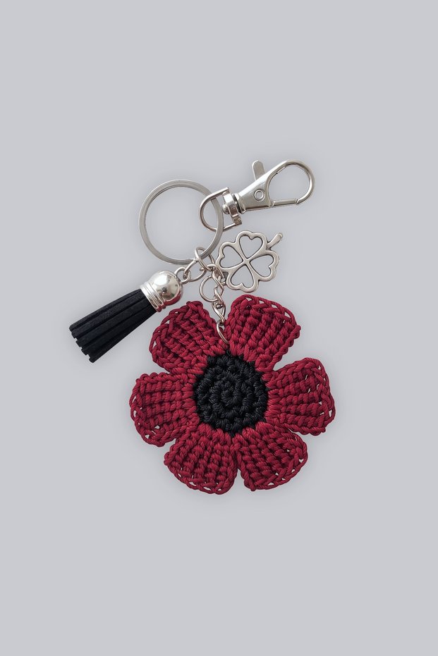Flower Charm Burgundy Hand Knitted Bag Ornament