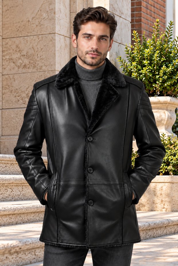 Salah Genuine Leather Men's Shearling Black Coat