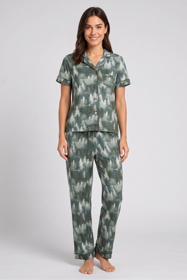 Women 2 Pieces Allover Print Short Sleeve Pajama Set, Multicolor