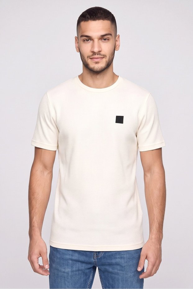 Men Crew Neck Short Sleeve Brand Logo T-Shirt, Cream