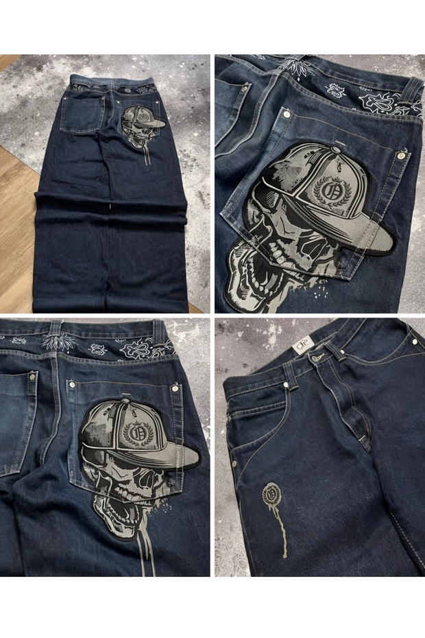 Embroidered Back Side Skull Baggy Navy Blue Jeans