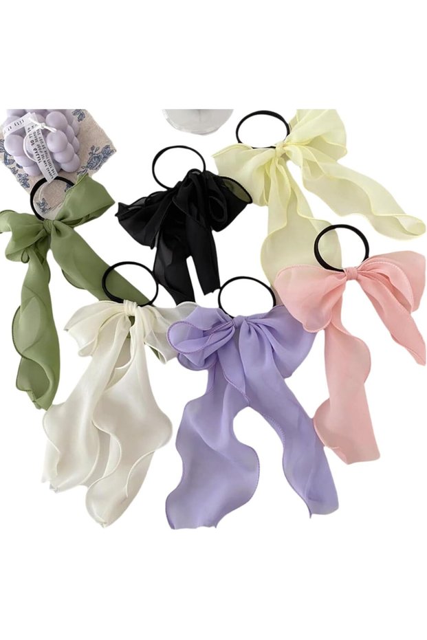 Bow Hair Ties Scrunchies,6 Pcs Big Bow Lace Hair Rope,Long Tail Ponytail Holder,Chiffon Ribbon Hair Bands