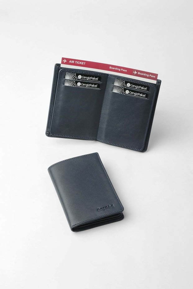 Genuine Leather Vertical Slim Men's Wallet Navy Blue - 13710