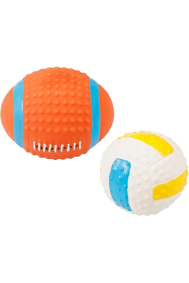 Latex Squeaky Dog Ball Toys,2 Pieces,Interactive Bouncy Fetch Balls for Small Dogs and Cats,Volleyball and American Football Shapes