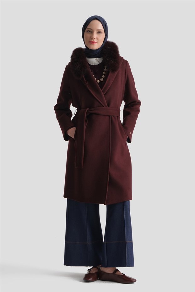 Fur Wool Cashmere Coat Burgundy