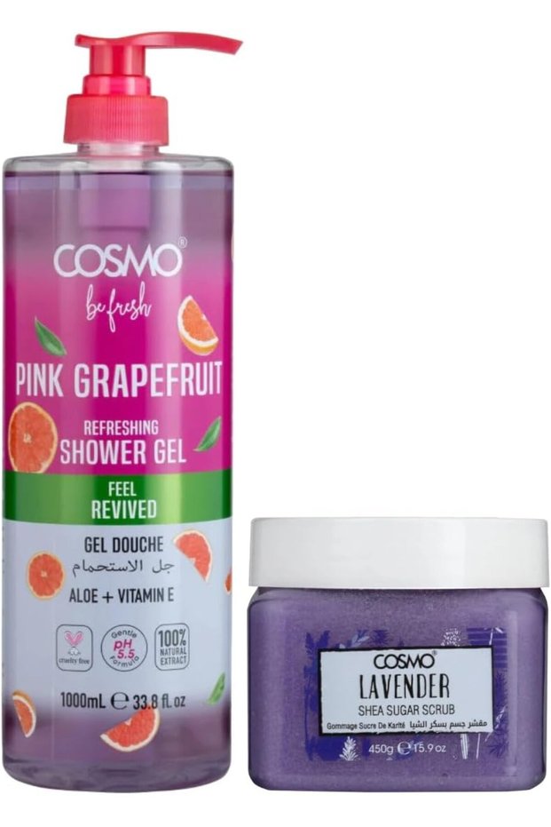 Cosmo Skin Care Be Fresh Pink Grapefruit Refreshing Shower Gel 1000ml & Lavender Shea Sugar Scrub 450g Combo | Body Wash With Aloe & Vitamin E | Deep Exfoliating Scrubber For Revived | For Men & Women