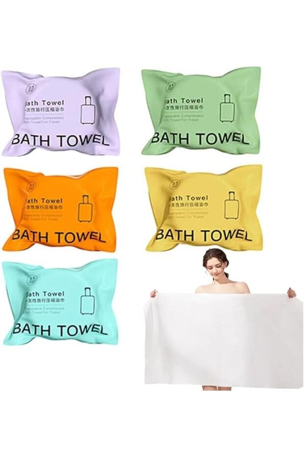 Premium Large Compressed Bath Towels,55 x 27 Inch,Disposable and Reusable Cotton Towels for Travel and Camping,Pack of 5