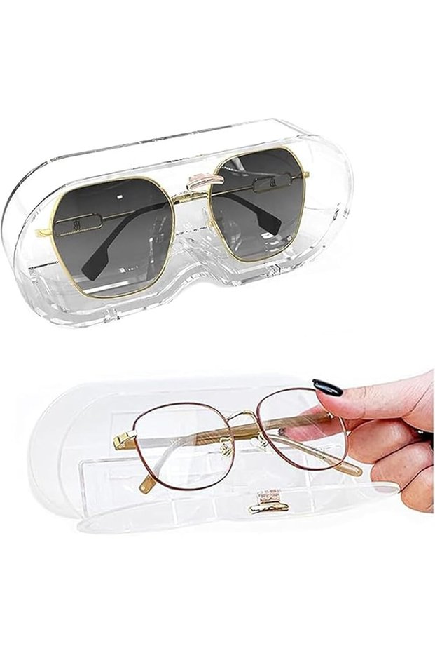 Wall Mounted Eyeglasses Holder,Waterproof Transparent Plastic Storage Case with Adhesive Sticker,White