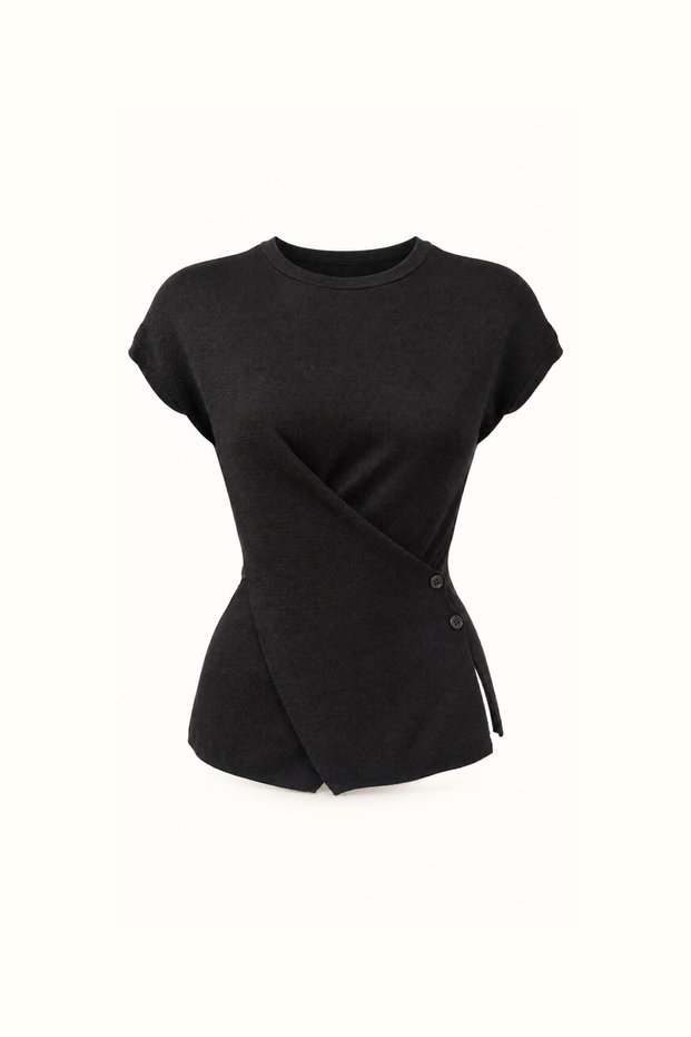 Button Detail Asymmetrical Black Knitwear Blouse