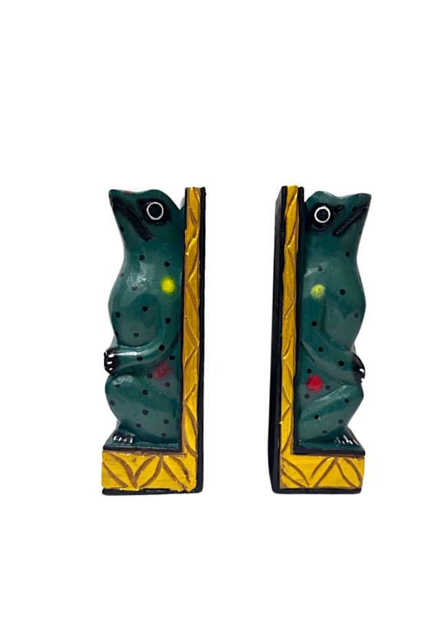 Wooden Book Holder Set of 2 with Frog Figure Handmade Decorative Book Support Bali Decoration
