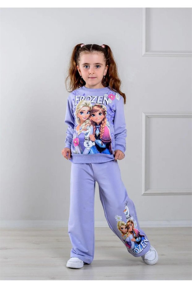 Girl's Patterned 2-Yarn Wide-Leg Sweatpants Set - 2034