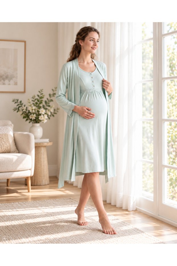 Maternity Viscose Nightgown and Dressing Gown Set with Lace and Breastfeeding Detail 32-90
