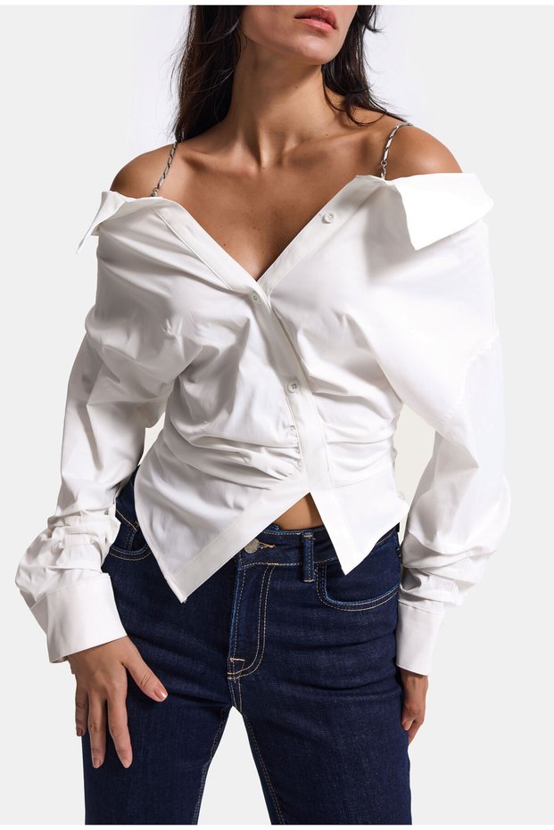 Women's White Asymmetrical Cut Design Shirt with Accessory Straps