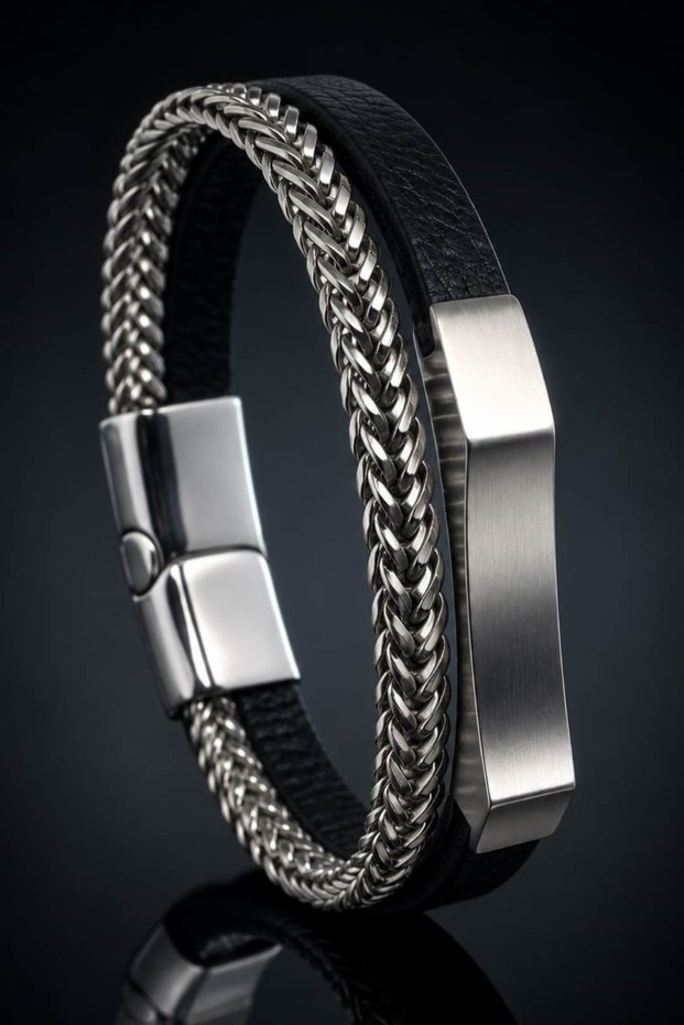 Men's Steel Bracelet Steel Mesh and Leather Detailed Magnetic Clip Plate Bracelet