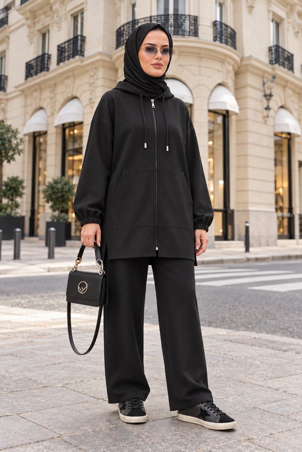Nova Zippered Hooded Modal Pants Set Black