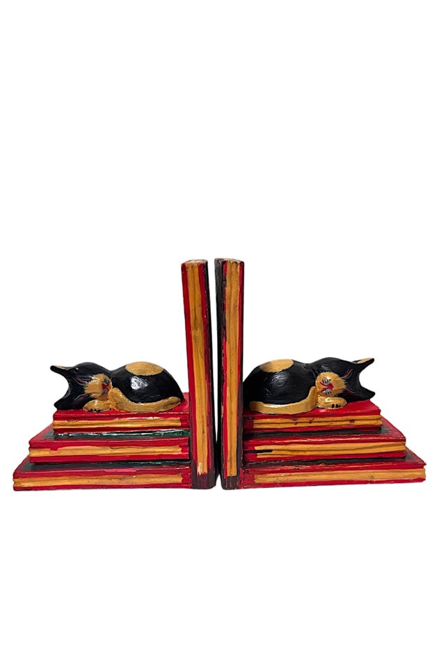 Wooden Book Holder Set of 2 with Cat Figures Handmade Decorative Book Support Bali Decoration