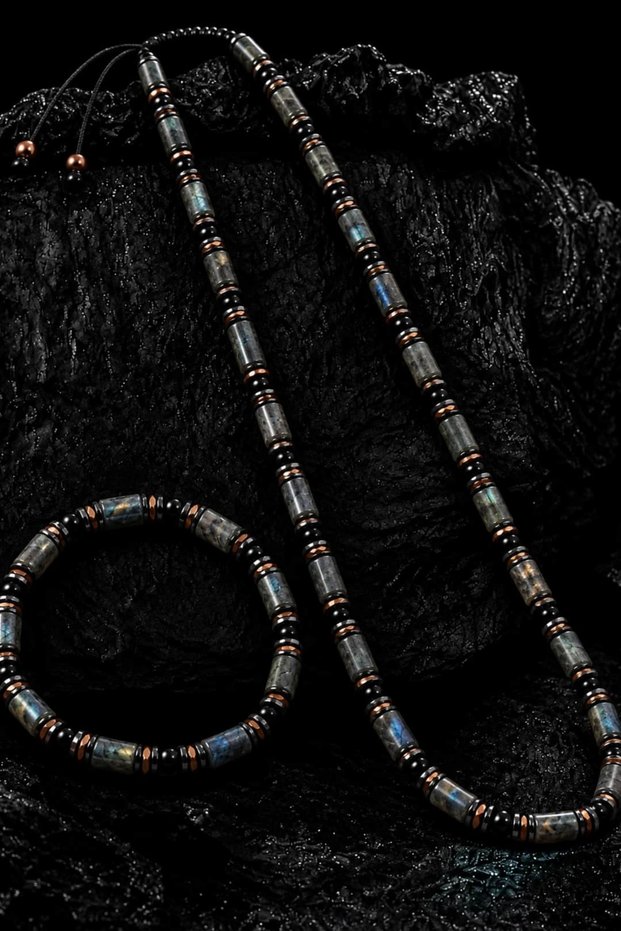 Men's Labradorite Hematite and Onyx Necklace and Bracelet Set with Original Natural Stones
