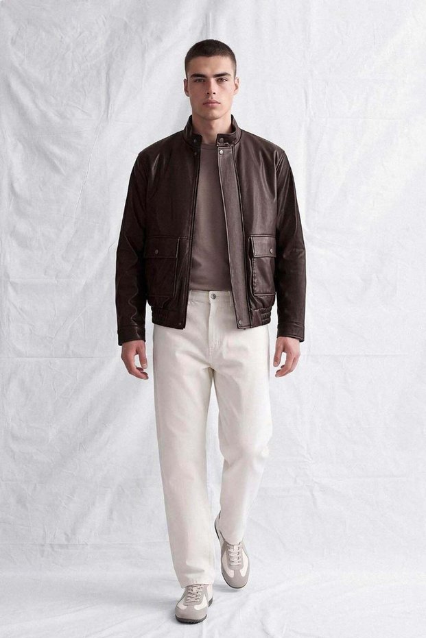 Men's Mati Hakim Collar Leather Coat with Large Pockets, Brown Color