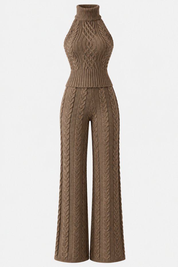 Milky Brown Knitted Pattern Blouse and Trousers Set - 2Y3009