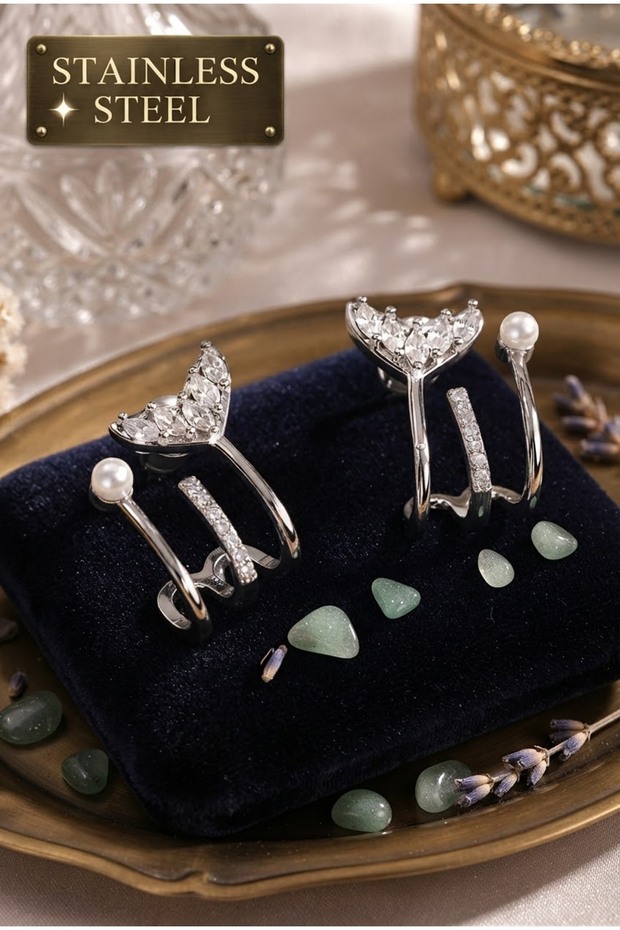 Brass Silver Color Zircon Stone Pearl Detailed Fishtail Model Earrings