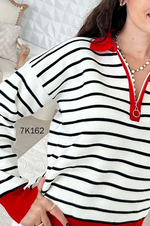 Polo Collar Striped Knitwear Blouse 7K162