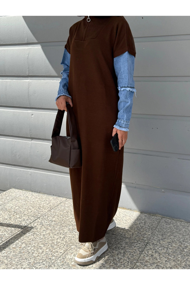 Denim Detailed Throat Zipper Knitwear Dress - Brown