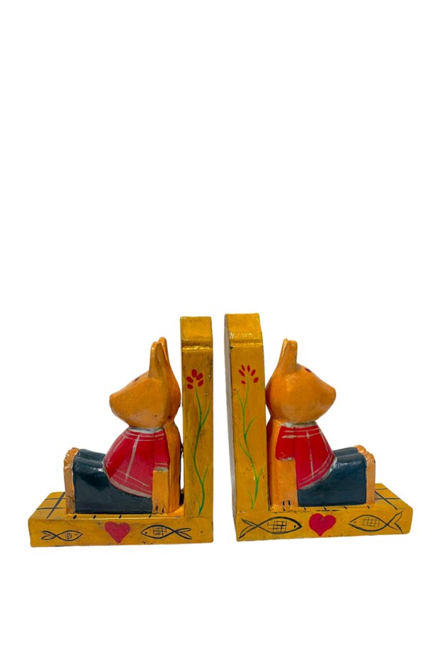 Wooden Book Holder Set of 2 with Rabbit Figures Handmade Decorative Book Support Bali Decoration
