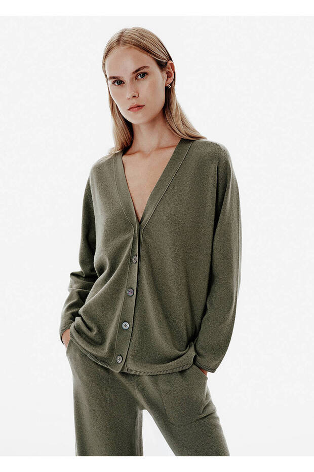 Regular Fit Green Cashmere Long Cardigan