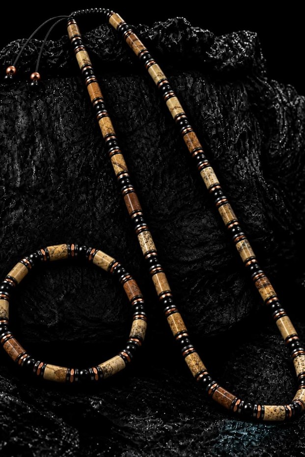 Men's Wood Jasper Hematite and Onyx Necklace Bracelet Set with Original Natural Stone
