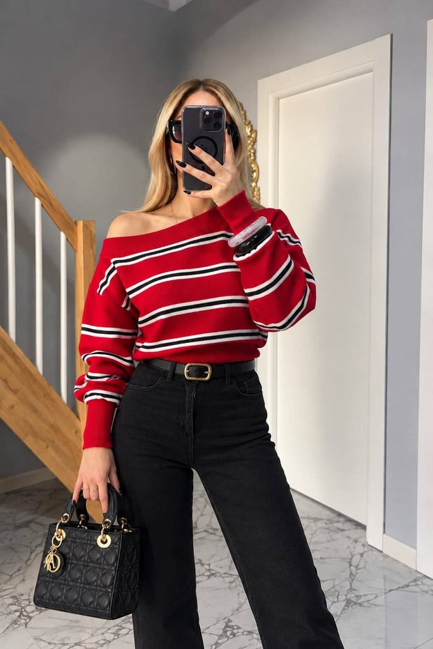 Women's Boat Neck Striped Knit Sweater