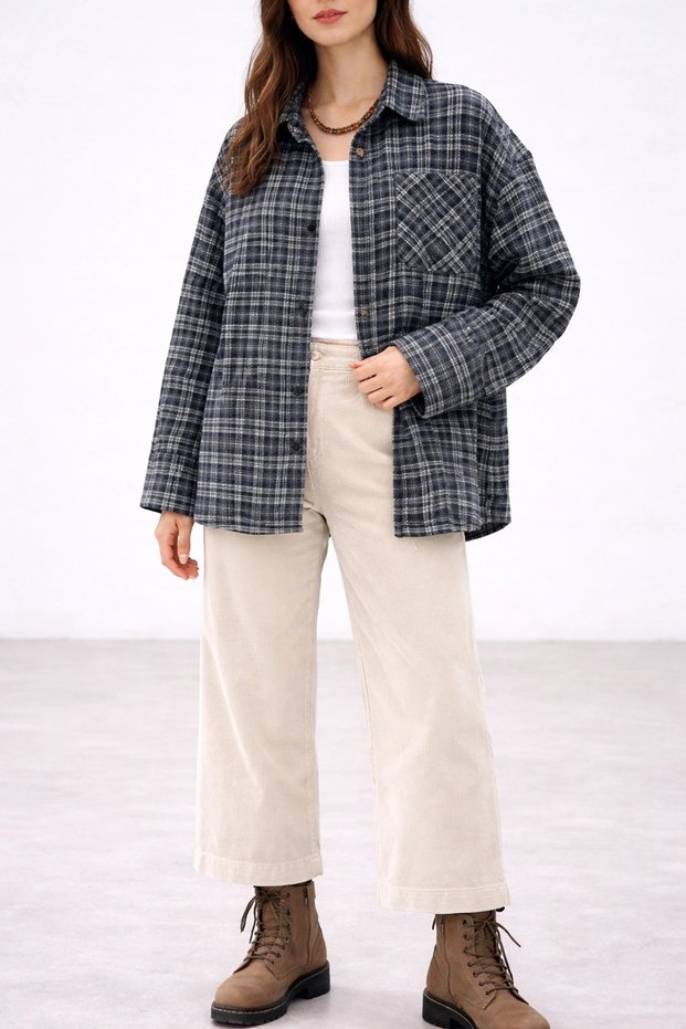 Plaid Pattern Single Pocket Shirt - Black & Camel