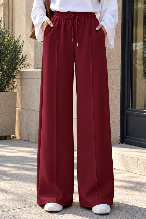 Women's Scuba Fabric Basic Full Length Striped Palazzo Trousers 3251 Claret Red - Premium Series