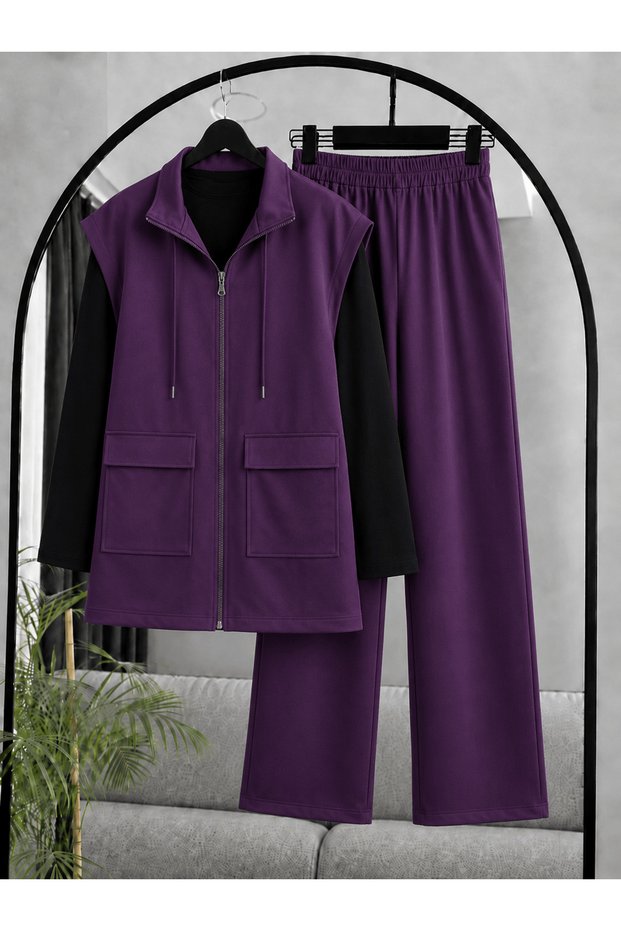 Pocketed Vest and Trousers Set - Eggplant Purple