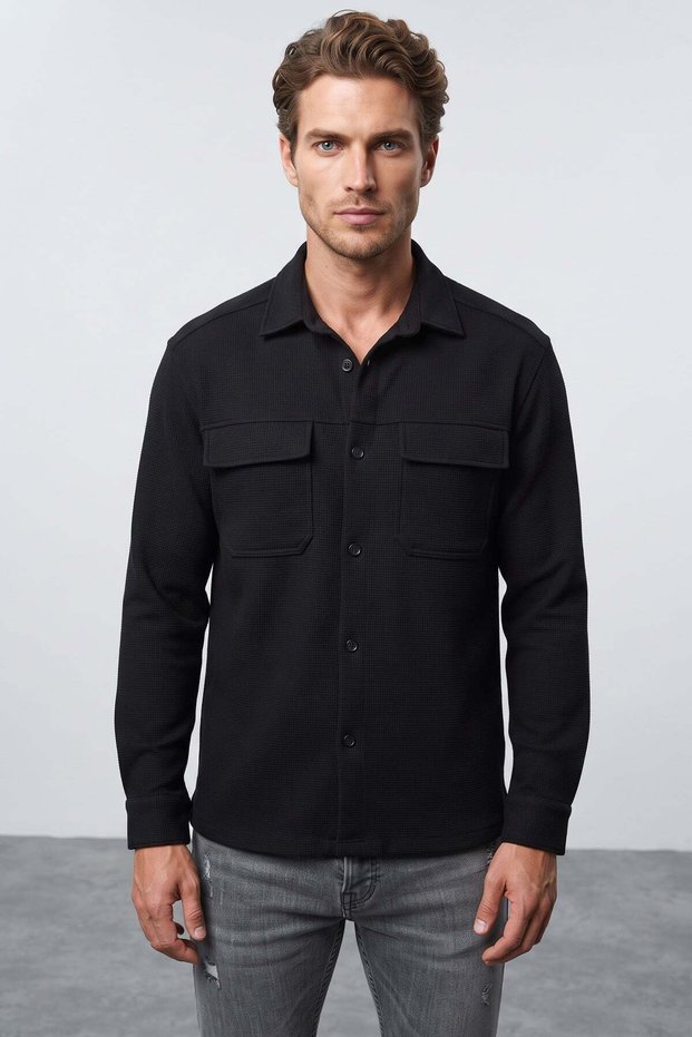 Double Pocket Honeycomb Fabric Long Sleeve Shirt