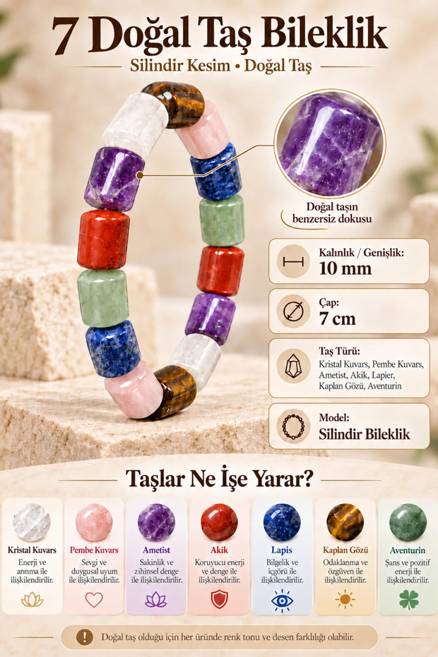 Women's Natural Stone Bracelet Cylinder Model 7 Chakra Natural Chakra Stone Bracelet