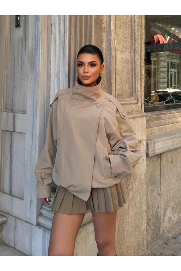 Women's Stone Color Stand Collar Bomber Jacket