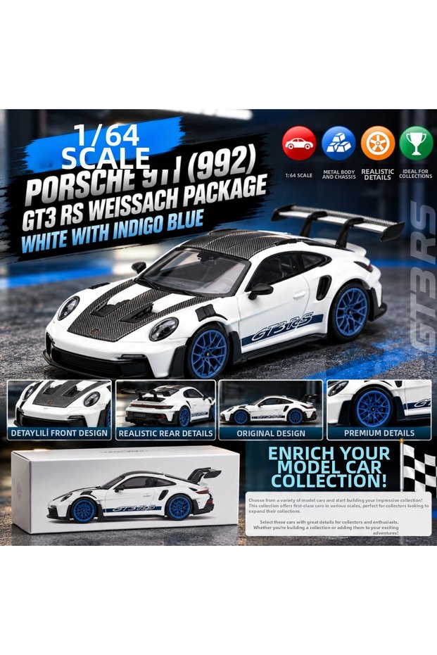 1/64 Porsche 911 (992) Gt3 Rs Weissach Package White with Indigo Blue