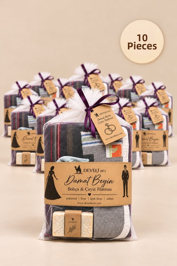 1973 Groom's Bath Gift Box, Groom's Package, 10 Gift Items, Set of 5 Special Peshtemal, Silk Pouch, Facial Pouch, Soap, Tulle Bag (10 Pcs)