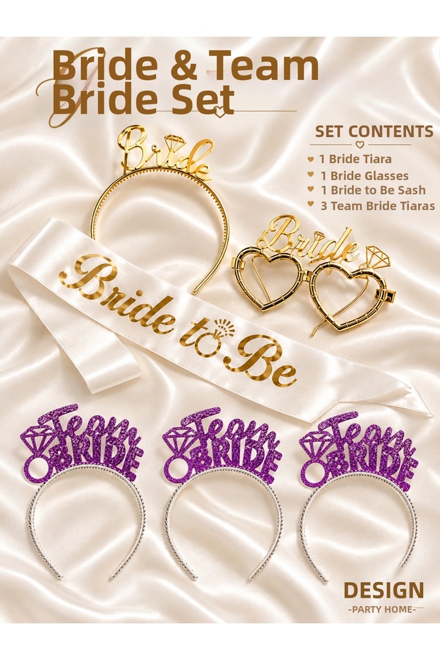 Bride and Team Bride Bachelorette Set Gold Crown Glasses Sash and 3 Purple Bridesmaid Crowns 6 Pieces